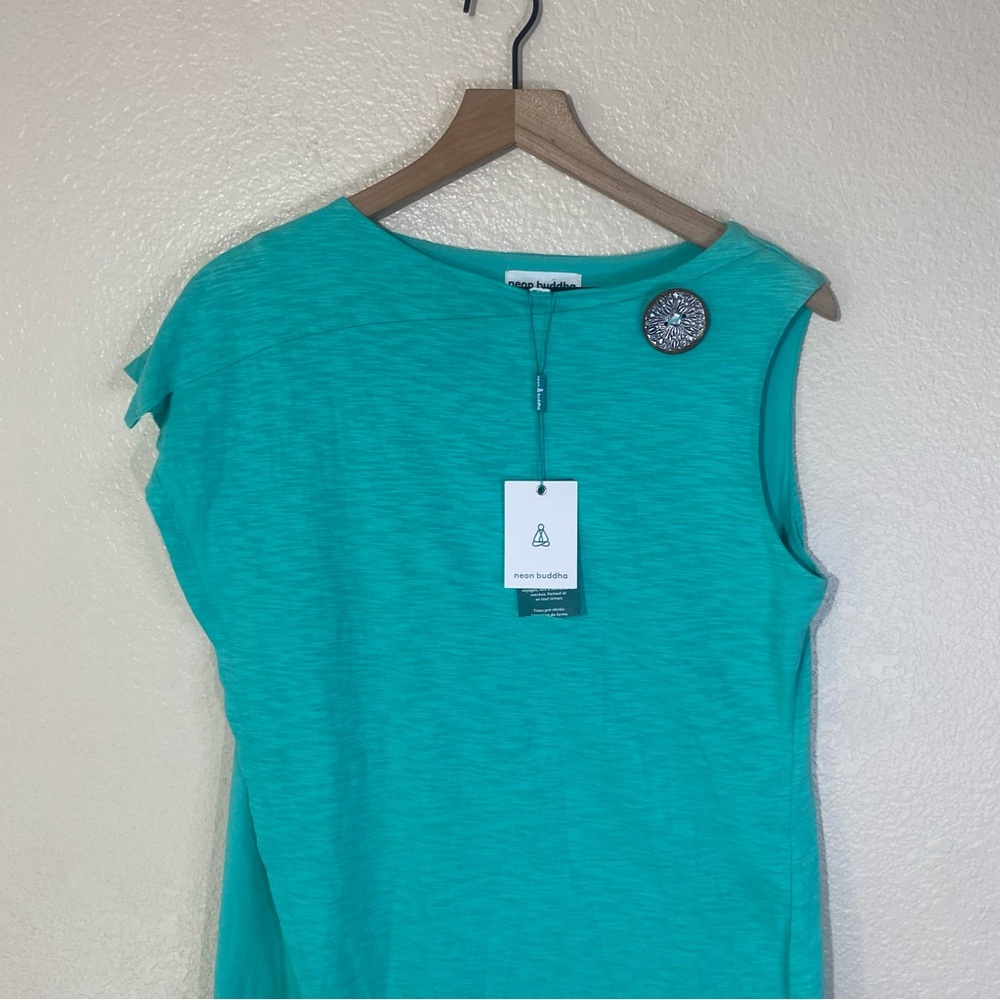 Neon Buddha On Deck Teal Dress Size Small NWT Stretch Jersey Draped Panels - Picture 2 of 10